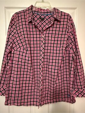 Talbots Pink Black White Plaid Shirt with Contrast Trim